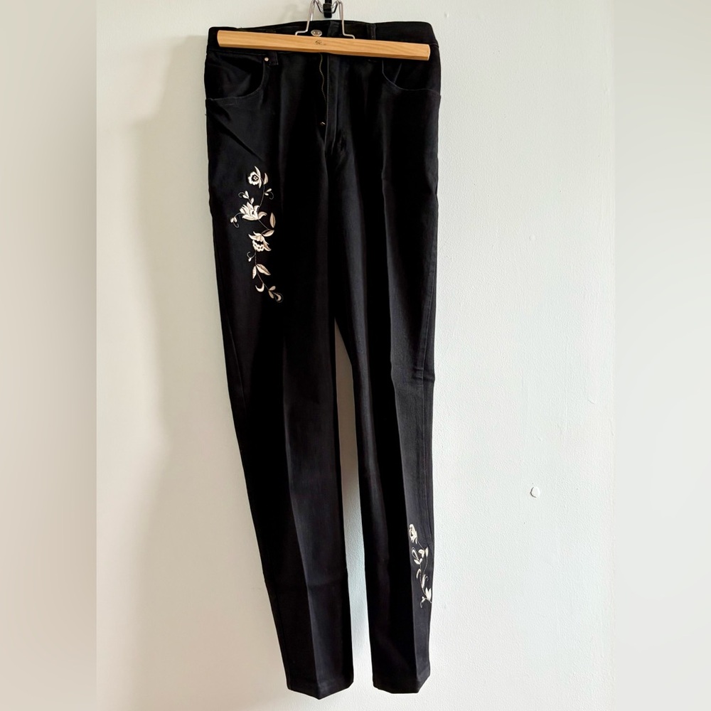 Made In Tomboy Black Jeans with White Floral Embroidery